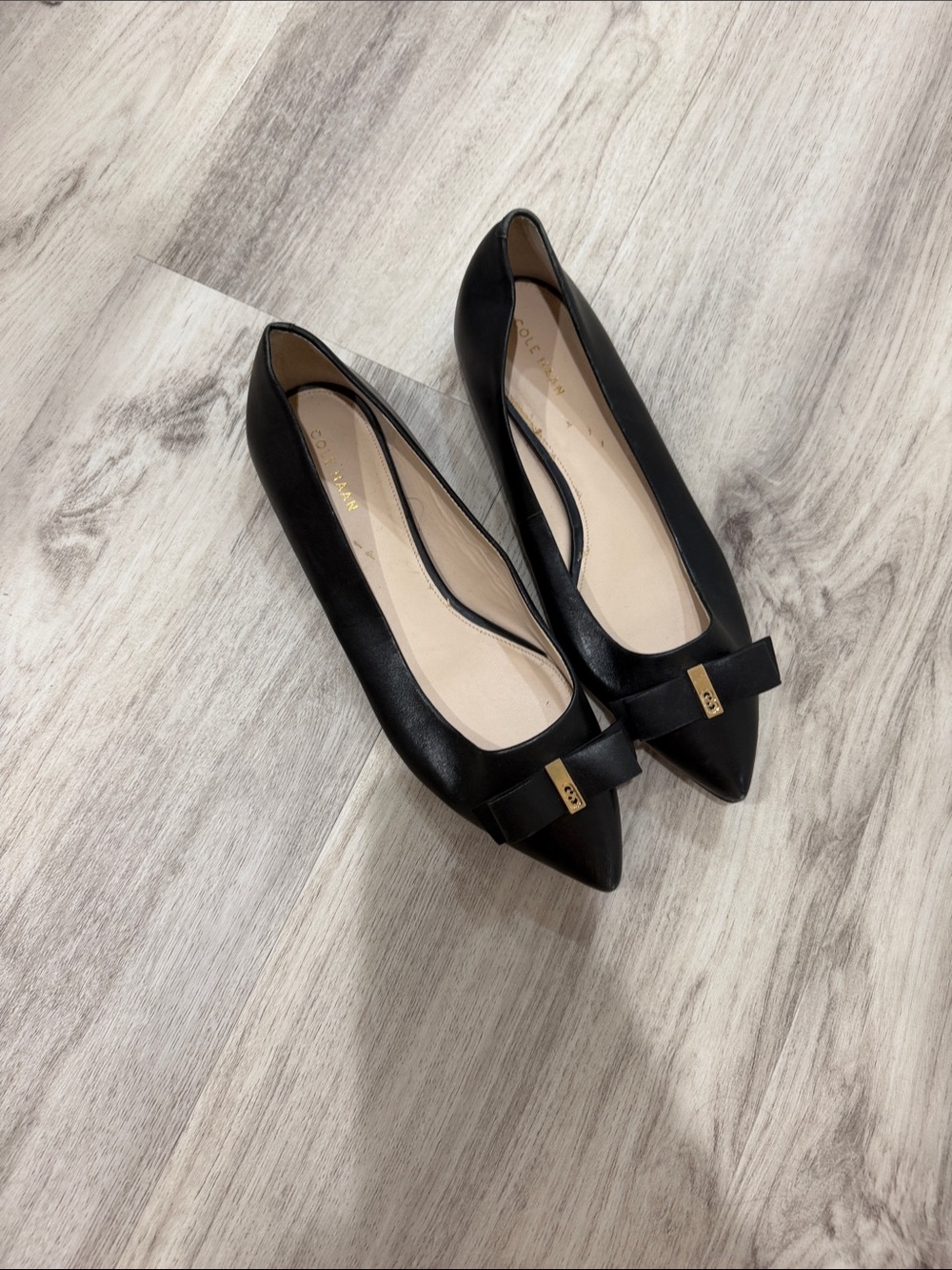 Cole Haan Black Pointed Toe Bow Flats with Gold Accent 8.5